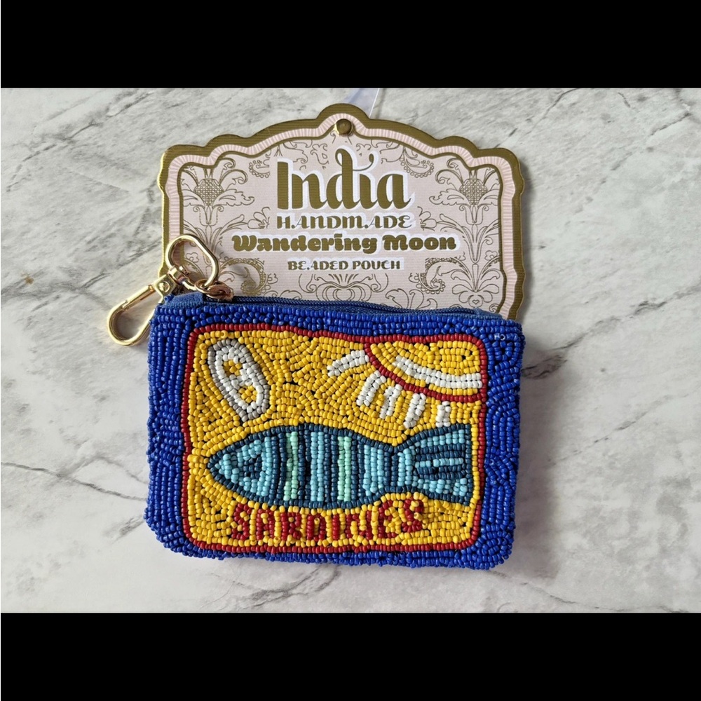 NWT Wandering Moon India Handmade Beaded Sardine Coin Purse Key Clip Bag Viral